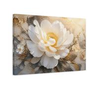 Floral White Peony Elegance Canvas Print - Living Room, Above Sofa, Ivory & Gold 24×16 inch (60×40 cm) - Horizontal / 1.25 inch (3 cm)