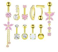 FloralGrace 10 Piezas Anillos de Ombligo Dorados y Plateados para Mujeres Piercing de Ombligo Acero quirúrgico Flor Colgante Rosa Corazón Opalo Joyería de Piercing