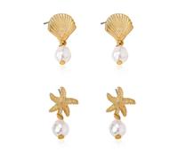FloralGrace 2 Piezas de Pendientes con Forma de Estrella de mar y Concha joyería de Playa para Mujeres Ligeros y Elegantes Pendientes de Perlas con Conchas náuticas para Accesorios de Verano en la