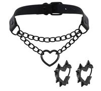 FloralGrace Goth Herz Kette Choker Schwarzes Herz Ohrringe Schmuck Set Gothic Punk Grunge EMO PU Leder Halskette Y2K Huggie Hoop Spike Schwarzes Ohrring Schmuck Geschenk