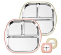 FloralGrace Juego de 2 Platos para Bebé con Ventosa, Platos Divididos de Silicona y Acero Inoxidable para Bebé Antideslizantes 2 en 1 Resistentes a Roturas (Rosa Beige)