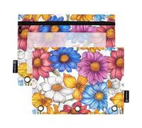 Florals Rose Daisy Dahlia White - Estuche para lápices con 3 anillos con cremallera, paquete de 2 bolsas de almacenamiento de plástico, accesorios de papelería