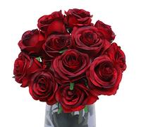 Floralsecret - Juego de 12 Rosas Artificiales de Seda con Tallo Largo para decoración del hogar, Boda, Fiesta, jardín, Vino Tinto