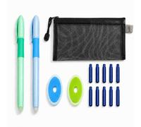 FloraVigo Juego de pluma estilográfica borrable, mango ergonómico de goma, tinta azul de secado rápido, adecuada para que los niños escriban, notas escolares y para practicar diariamente (azul y verde