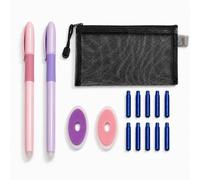 FloraVigo Juego de plumas borrables, mango ergonómico de goma, tinta azul de secado rápido, adecuada para que los niños escriban, notas escolares y para practicar diariamente (rosa y morado)