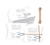 FloraVigo Regalos de boda - Schön, dass du da bist - 48 Stück Kissenschachteln im Eukalyptus Design - Geschenkboxen Hochzeit - Gastgeschenk zur Kommunion, Konfirmation (Weiß-Blau)