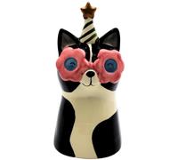 Florero Decorativo, jarrón de Plantas, jarrón de Mesa, jarrón de Animales, Gato con Gafas de Sol y Sombrero de Fiesta, Maceta Decorativa de cerámica en Blanco y Negro, tamaño: 10 x 10 x 20 cm