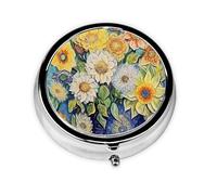 Flores al óleo sobre lienzo. Este pequeño pastillero redondo de viaje de tres compartimentos es perfecto para almacenar medicamentos diarios, vitaminas y sobre la marcha.