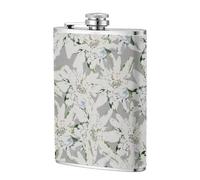 Flores alpinas suizas modernas de Edelweiss,Frasco de acero inoxidable 304 de 8 oz con funda de cuero sintético, frasco de bolsillo para licor plano para exteriores