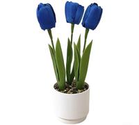 Flores artificiales, arreglo de plantas falsas de 3 cabezas para decoración del hogar y boda, exhibición floral sintética de plástico de 24 cm (azul)