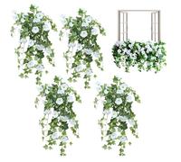 Flores artificiales colgantes para exteriores 4 ramos de petunias artificiales blancas de 66 cm de largo petunias de seda sintética resistentes a los rayos UV flores colgantes para bodas y jardines.