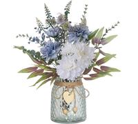 Flores artificiales con jarrón de cristal, ramo de flores falsas para decoración del hogar, jarrón decorativo para oficina y dormitorio, color azul