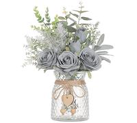 Flores artificiales con jarrón, rosas artificiales de seda en jarrón, arreglos florales de eucalipto para el hogar, oficina, granja, baño, mesa de comedor, decoración de mesa de café (gris azul)