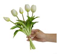 Flores artificiales de tulipán de goma suave con 5 cabezas con tallos de alambre resistentes para arreglos personalizables en fotografía y decoración del hogar (blanco)