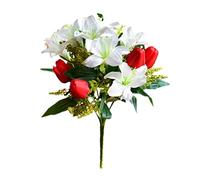 Flores Artificiales de Tulipanes Rojos y Lirios para Cementerio, Paquete de 2 Unidades, Tulipanes de Seda de 39 cm, decoración para tumbas, Ramo Mixto de Tulipanes y Lirios para tumbas al Aire Libre.