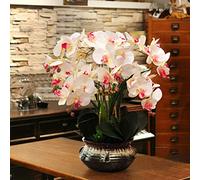 Flores artificiales en maceta. Orquídeas Phalaenopsis con jarrón, arreglo de plantas artificiales en maceta for decoración mesa comedor, fiesta boda(White)