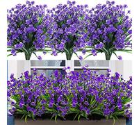 Flores artificiales Leixi, 6 piezas de plantas artificiales resistentes a los rayos UV, plástico sintético, arbustos verdes, para interiores, exteriores, jardín, decoración (morado)