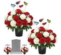 Flores artificiales para tumbas, paquete de 2 macetas de seda para cementerio con adornos de mariposa para decoración conmemorativa de primavera, decoración de tumba, ramo falso para homenajes