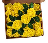 Flores Artificiales Rosas Amarillas, 25 Piezas de Flores Artificiales de Espuma con Tallos para Bodas, Ramos de Bricolaje, Rosas Amarillas Artificiales, centros de Mesa, arreglos para s,