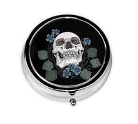 Flores azules y calavera. Este pequeño pastillero redondo de viaje de tres compartimentos es perfecto para almacenar medicamentos diarios, vitaminas y sobre la marcha.
