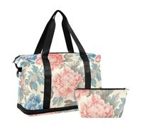 Flores azules y rosadas florecientes bolsas de viaje personales bolsas de fin de semana bolsas de noche bolsa de entrenamiento deportivo con bolsa de cosméticos de gimnasio plegable, flores azules y