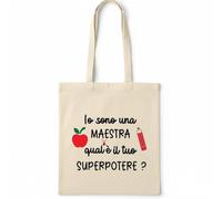 Flores Bolso Maestra Shopper de algodón con frase "Io Sono una Maestra, ¿cuál es tu superpoder?" - Idea regalo profesor escuela