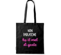 Flores Bolso Tote Shopper con texto "Non parlatemi ho il mal di gente", negro, 38 x 42 cm, asas 70 cm