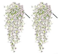 Flores colgantes artificiales que se asemejan a la gloria de la mañana con detalles de eucalipto violeta para balcón, jardín, hogar, exhibición comercial (B)