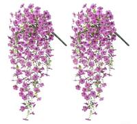 Flores colgantes artificiales que se asemejan a la gloria de la mañana con detalles de eucalipto violeta para balcón, jardín, hogar, exhibición comercial (E)