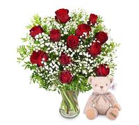 Flores de amor con Oso - Ramo de Flores - Regalo Fresco para Cumpleaños o Día de la Madre - Arreglo de Lujo con Entrega al Día Siguiente - Sorpresa Elegante para Ella