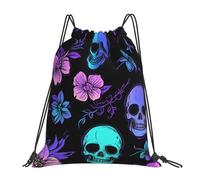 Flores De Calavera De Neón Bolsa con Cordón Ajustable Mochila Cuerdas Deportiva Bolsa De Deporte para Yoga Senderismo Al Aire Libre 36X42Cm