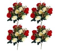 Flores de Cementerio Artificial, 4 Flores de Cementerio de racimos para tumbas, 12 Cabezas de Flores Grave Faux Faux Arreglos para la decoración del Cementerio de la Tumba/ 11.8 - Rojo