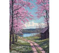 Flores de cerezo Kit Pintura de Diamantes Adultos, Cabaña Diamond Art Kit Completo, Actividad Relajación Antiestrés, Ideas de Regalos para Mujeres Navidad Cumpleaños, Decoración Hogar 30x40 cm qo-947