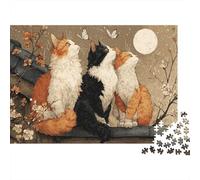 Flores de Ciruelo Rosas y Amarillas Three Gatos Sitting on The Eaves Rompecabezas Puzzle,1000pcs (75x50cm) Adulto Juego EduGatoivo Decoración del Hogar