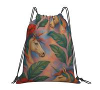 Flores De Hibisco, Hojas Y Caballos Blancos Bolsa De Gimnasia Ligera Mochila con Cordón Fácil De Doblar Bolsa Trasera para Nadar Merienda Vacaciones 36X42Cm