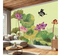 Flores de loto, hojas de loto, mariposas Murales de Pared, Pintura tradicional china Papel Pintado Verde de Tela, Gran Mural Fotográfico para Salón, Dormitorio, Cocina, Oficina o Habitación Infantil
