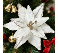 Flores de Navidad Grandes con Purpurina de 11.8 Pulgadas, 6 Piezas de Flores de Pascua Artificiales de Terciopelo, Adornos con Purpurina para árbol de Navidad (Crema Blanca)