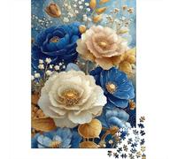 Flores de Oro Blanco Azul Rompecabezas Clásico 1000 Piezas para Adultos Todas Edades, Cartón Premium, Decoración Interior, Regalo Mujeres, Relajación En Casa 70x50cm/1000pcs