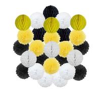 Flores De Papel Decoración DIY for ceremonia de boda, bola redonda colgante papel panal, pompón for bautizo, fiesta cumpleaños(Black Yellow,12inch(30cm))