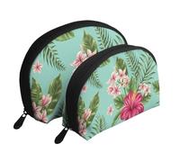 Flores De Plumeria E Hibisco Estampado Hoja De Palma De Selva Exótica, Bolsa de Maquillaje de Concha, Monedero pequeño para Mujer, Bolsa de artículos de tocador, Bolsa de cosméticos, 2 Piezas