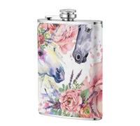 Flores de rosas de caballo en acuarela,Frasco de acero inoxidable 304 de 8 oz con funda de cuero sintético, frasco de bolsillo para licor plano para exteriores