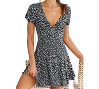 Flores de Verano Vestido de Manga Corta Mujer Cuello en V Mini A-Line Office Lady Casual Slim Fit Acampanado Vestido Corto-Flores Negras,S