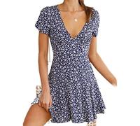 Flores de Verano Vestido de Manga Corta Mujer Cuello en V Mini A-Line Oficina Dama Casual Slim Fit Acampanado Vestido Corto-Flores Azules,S