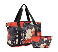 Flores estilo japonés corazón forma San Valentín bolsas de lona hombro Weekender noche bolsa con correa ajustable para viaje avión impermeable, floral estilo japonés forma corazón día de San Valentín,