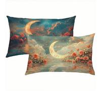 Flores Fundas Cojines 50x60 Lino Juego de 2, Lujosas Funda Cojin Luna Súper Suaves y Cómodas, Funda de Almohada con Cremallera Oculta, Durable y Fácil Cuidado, Adecuado para Sofá, Cama, Silla S6-226