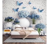 Flores GeoméTricas Y Mariposas Fotomural para Pared de Tela No Tejida 400x280 cm, Blanco Papel Pintado Decorativo de Interiores para Salón Dormitorio Oficina Pasillo Comedor, Fácil de Instalar