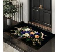 Flores Lujo Felpudo Antideslizante - 60 x 90 cmRamo Rosas Lotos Trampa de Tierra Felpudo Exterior e Interior para Entrada Limpia - Fácil de Cuidar - Negro