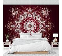 Flores Mandala Geométricas Tradicionales Papel Pintado, 250 X 175 Cm Pared Papel Pintado, Elegante Estilo Art Déco Decoración De Paredes Para Salón Dormitorio Pasillo Comedor, Rojo Burdeos