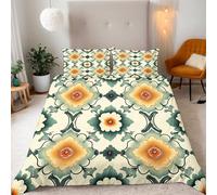 Flores Naranjas,Blancas Y Verdes-F Funda Nordica Cama 200x200 cm con 2 Funda Almohada 50x75 cm Estilo De Arte Natural Funda nordicas 200x200 de 100% Microfibra.Ideal para Adultos y Niños
