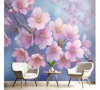 Flores Primaverales Ensueño Flores Cerezo En Acuarela 3D Papel Pintado Tapiz Textura De Seda Comedor Azul Claro Gran Papel Pintado Decoración Dormitorio Sala Estar Tv Fondo Pantalla, 250X175Cm